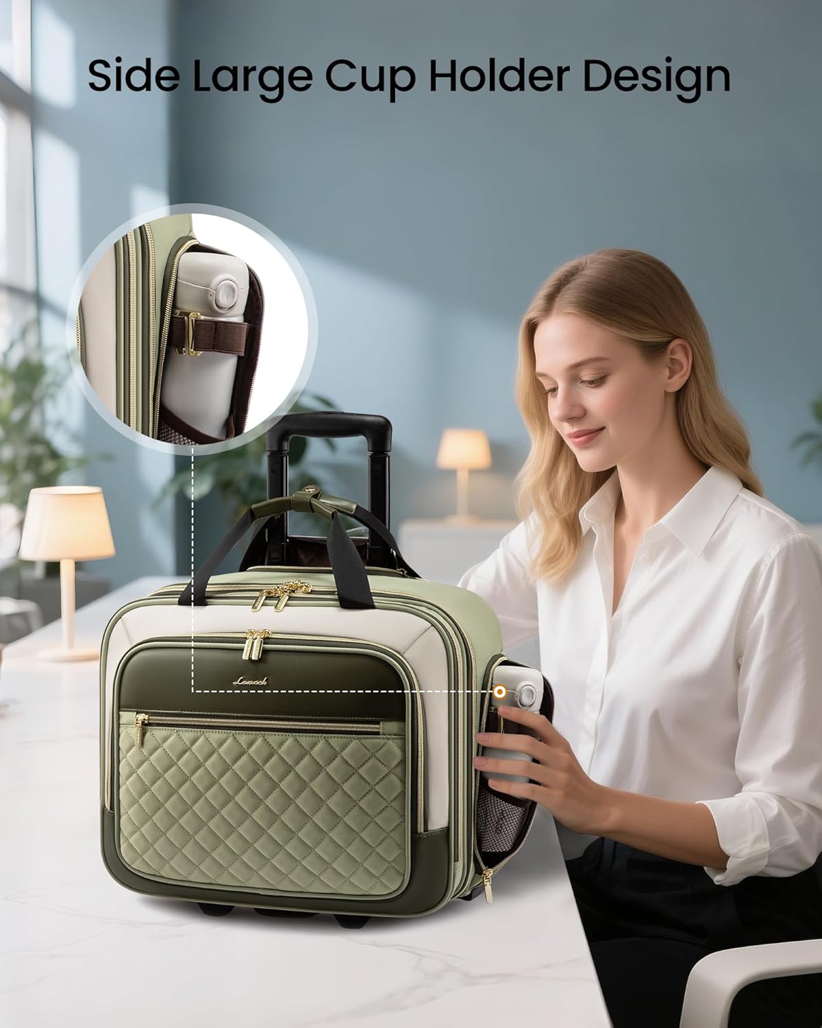 LOVEVOOK Rolling Laptop Bag Women, 17.3 Inch Laptop Briefcase with Wheels for Work Travel Business, Underseat Carry On Luggage Case,Green-Beige