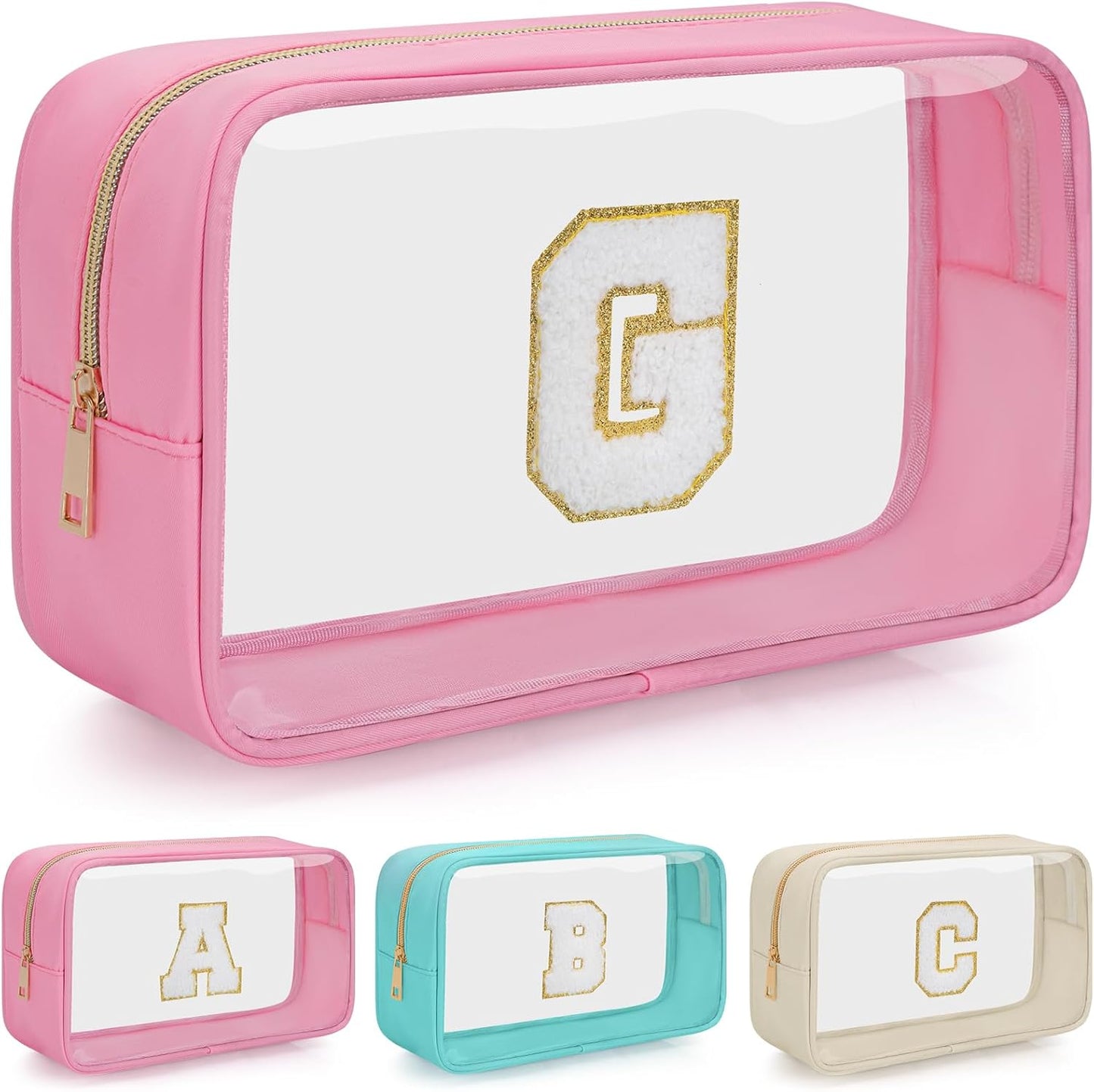 Personalized Initial Clear Makeup Bag, Travel Chenille Patch Cosmetic Bag, Preppy Toiletry Bag Monogram Cosmetic Pouch with Zipper, Ideal Gift for Teen Girls Women (Clear-Pink, G)