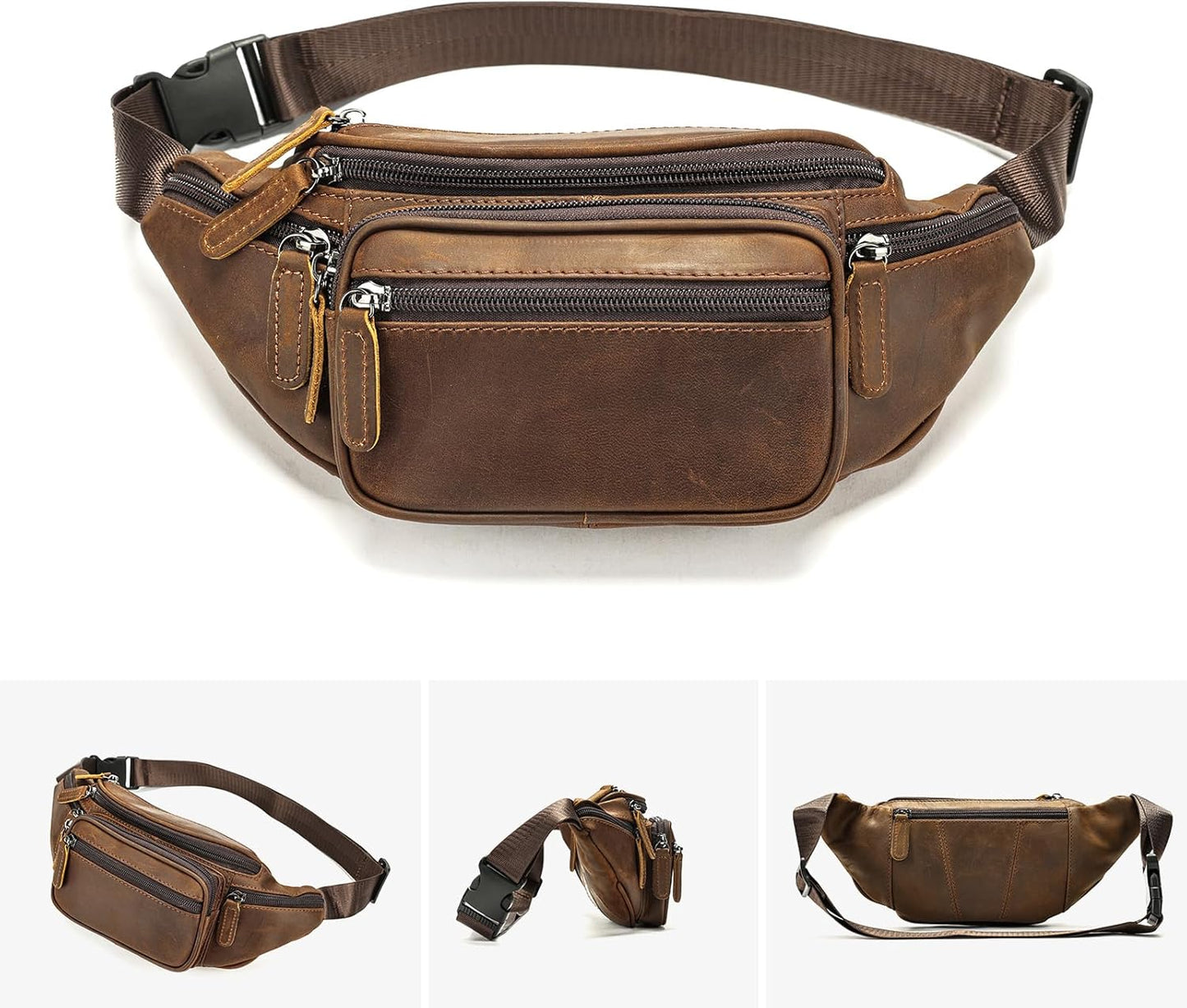 Genuine Leather Fanny Pack Men Women Multi-Pockets sling Waist Bag For Travel Sports Hiking Cycling Fishing Running Crazycoffee Small