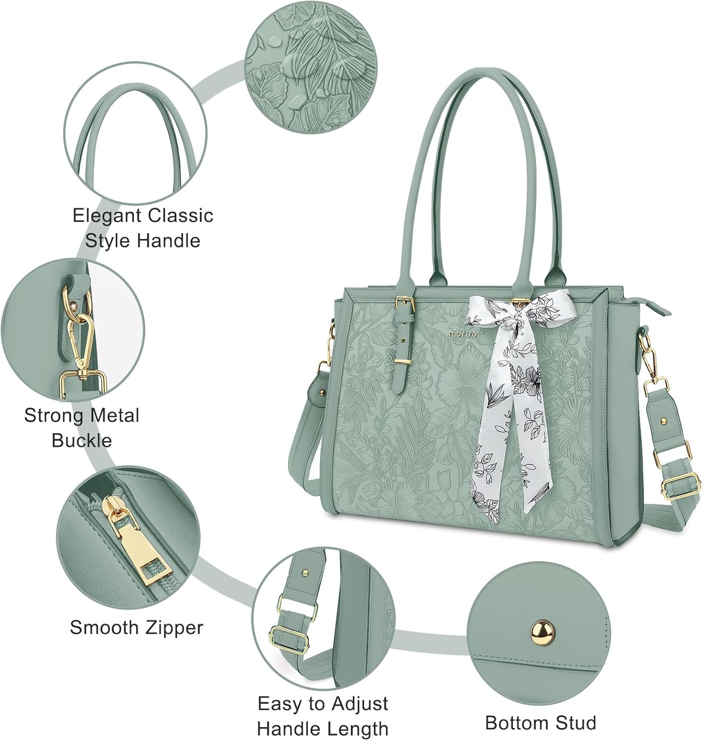 MOSISO Laptop Bag for Women, PU Leather Tote Bag, Front Embossed Retro Hibiscus Computer Bags with Silk Scarf&Clutch Purse