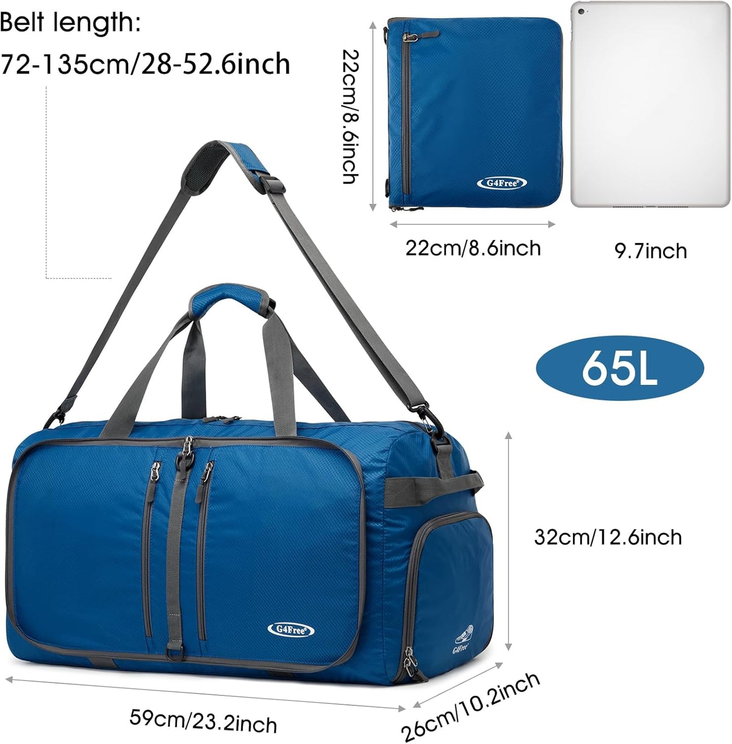 G4Free 40L/65L Foldable Duffel Bag, Water-Repellent Travel Backpack, Lightweight Carry Bag for Overnight Weekender Sports Men Women
