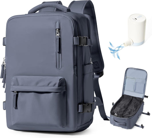 Vacuum Backpack Travel with Pump,Vacuum Seal Backpack Travel,Flight Approved 18x14x8, Work Business Vacpack Laptop Backpack for Women Men,Grey blue
