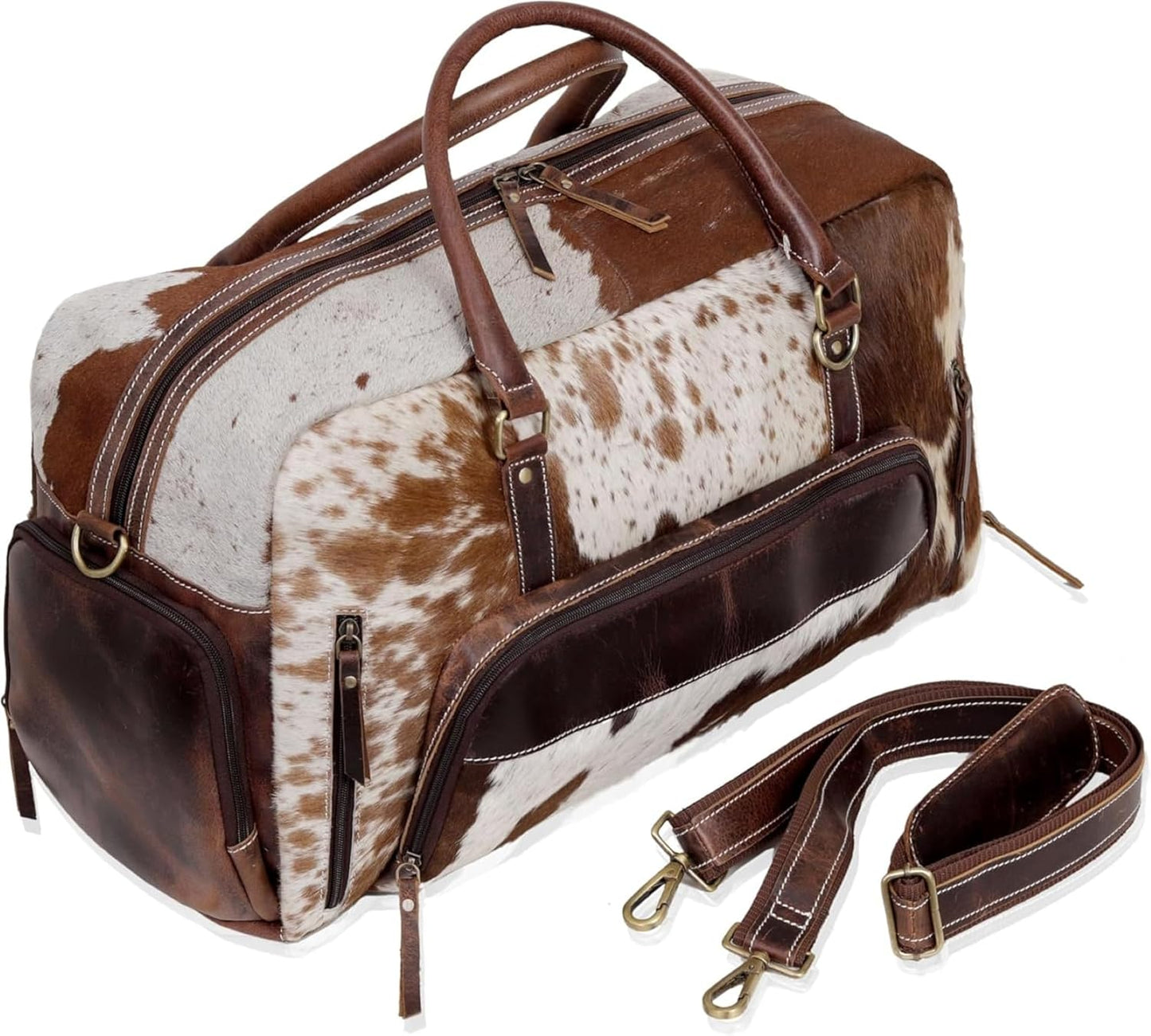 Leather Duffel Bag for Men & Women, Genuine Weekender Travel Bag, Handmade Overnight Gym Bag with Shoulder Strap, Carry-On for Business & Outdoor Travel (Yukon Hair Duffel, Brown & White, 22 Inch)