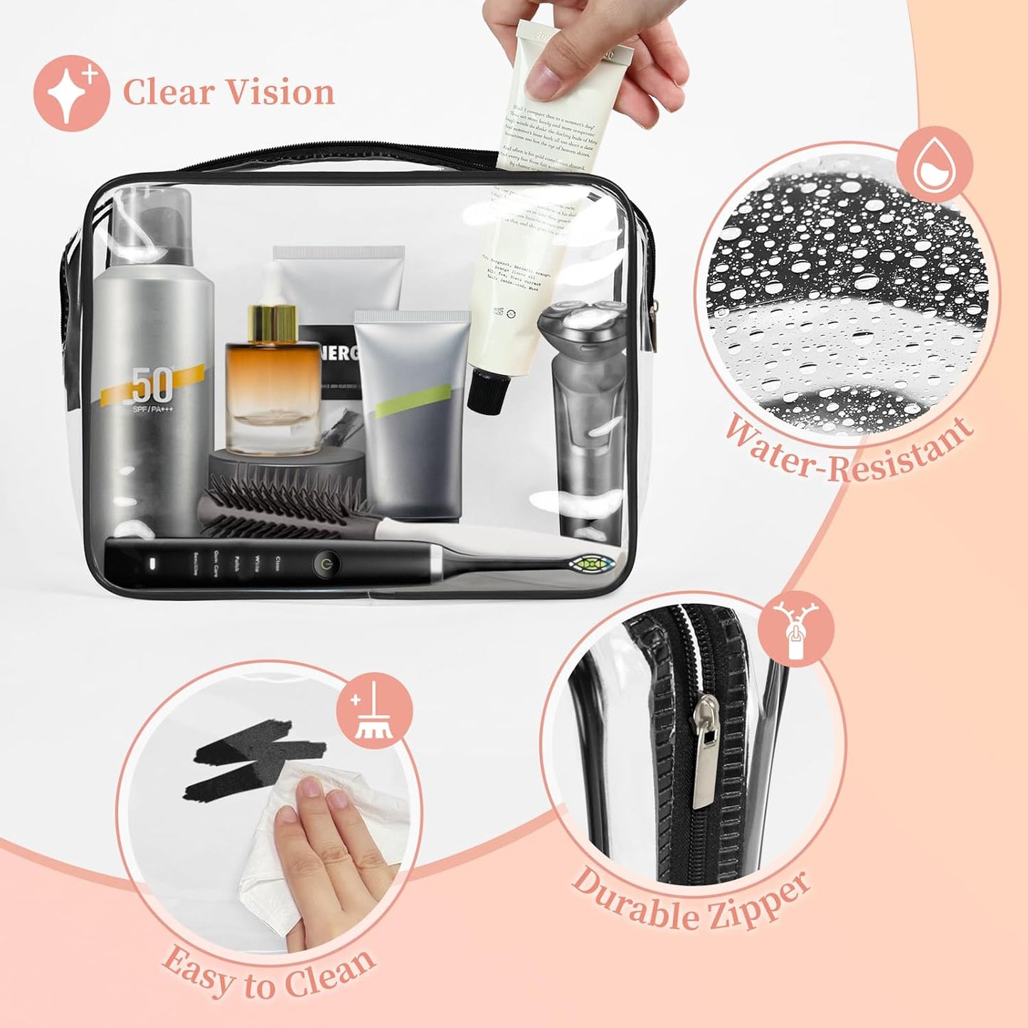 TISRATOK 12 PCS Clear Makeup Bag for Women with Zipper, TSA Approved Toiletry Pouch, Cosmetic Bag Bulk for Travel Organizer Essentials - Black,Large