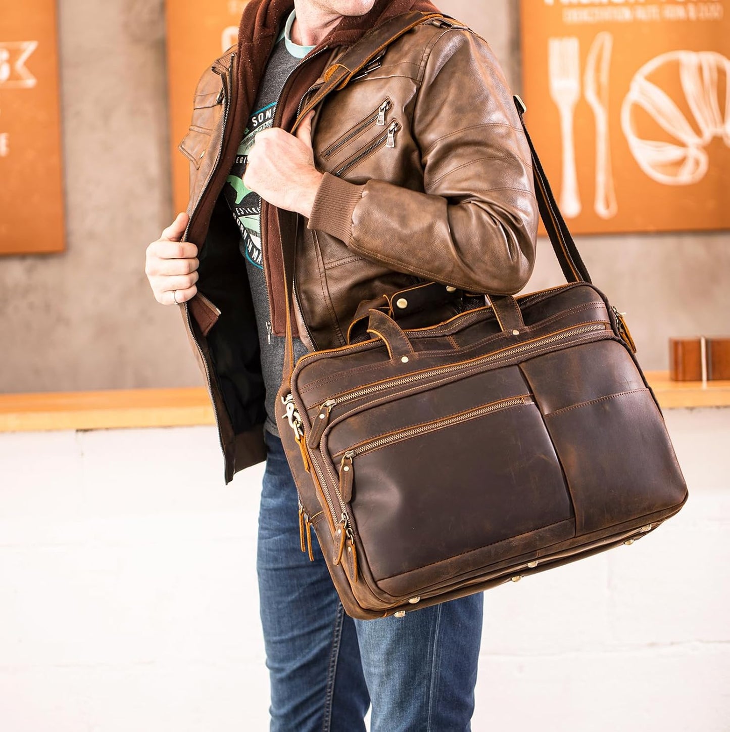 Polare X-Large 18" Full Grain Leather Briefcase For Men Business Travel Case Messenger Bag Fits 17.3" Laptop