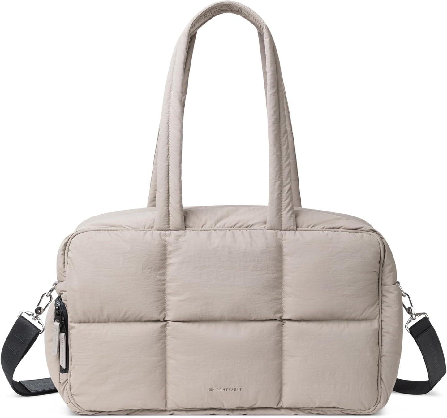 Comfyable Nylon Duffle Bag for Travel, Gym, Weekender Luggage Puffer Bag with Removable Shoe Compartment, Carrying Overnight Bag with Laptop Compartment For Women Men, Water-Repellent, Taupe