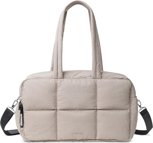 Comfyable Nylon Duffle Bag for Travel, Gym, Weekender Luggage Puffer Bag with Removable Shoe Compartment, Carrying Overnight Bag with Laptop Compartment For Women Men, Water-Repellent, Taupe