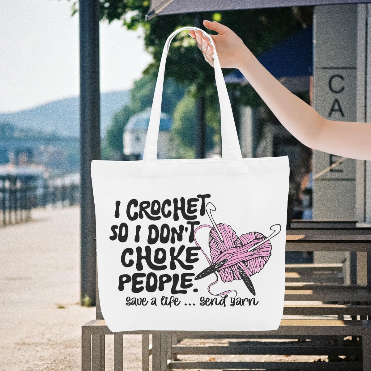 Crochet Knitting Humor Yarn Gifts Canvas Tote Bag, Reusable Grocery Shopping Bags for Crocheters Christmas