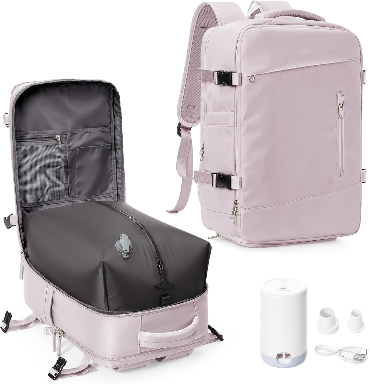 suwasp Vacuum Travel Backpack with Electric Vacpack Pump for Women, 40L Expandable Vacuum Compression Bags Personal Item Backpack Flight Approved Vacuum Seal Backpack for Traveling, Light Pink
