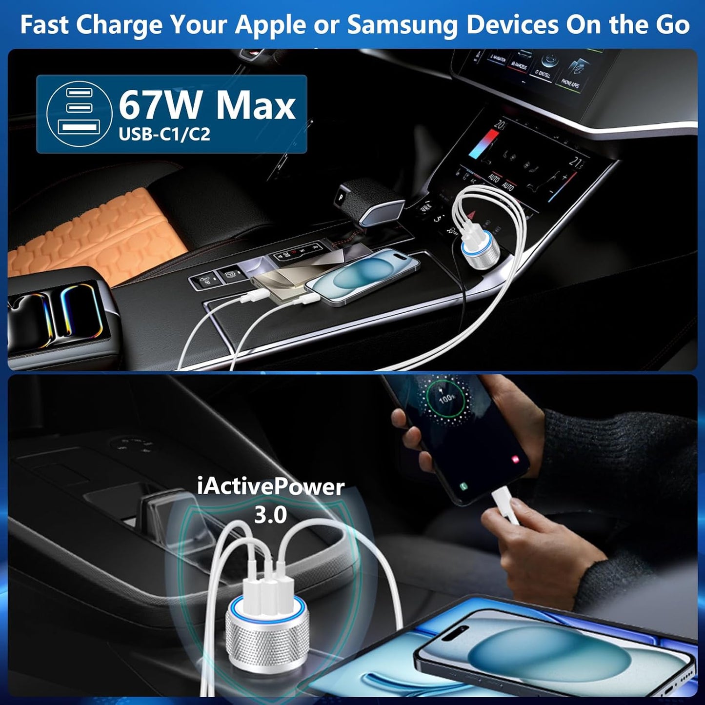 USB C Car Charger, Rombica 2Pack 3Port 67W Dual USB-C&USB-A Car Power Cigarette Lighter USB Charger 3 in 1 PD/QC Type C Car Charger Fast Charge for iPhone 17 17 Pro 16 15 14 13 12/Galaxy S25 S24/Pixel