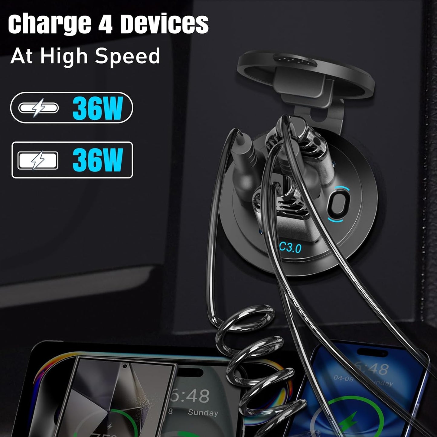 2PACK 90W Dual PD & Dual Quick Charge 3.0 Qidoe USB C 12V Outlet,4 Port with Power Switch, Car Charger Socket for RV Boat Marine Truck Motorcycle