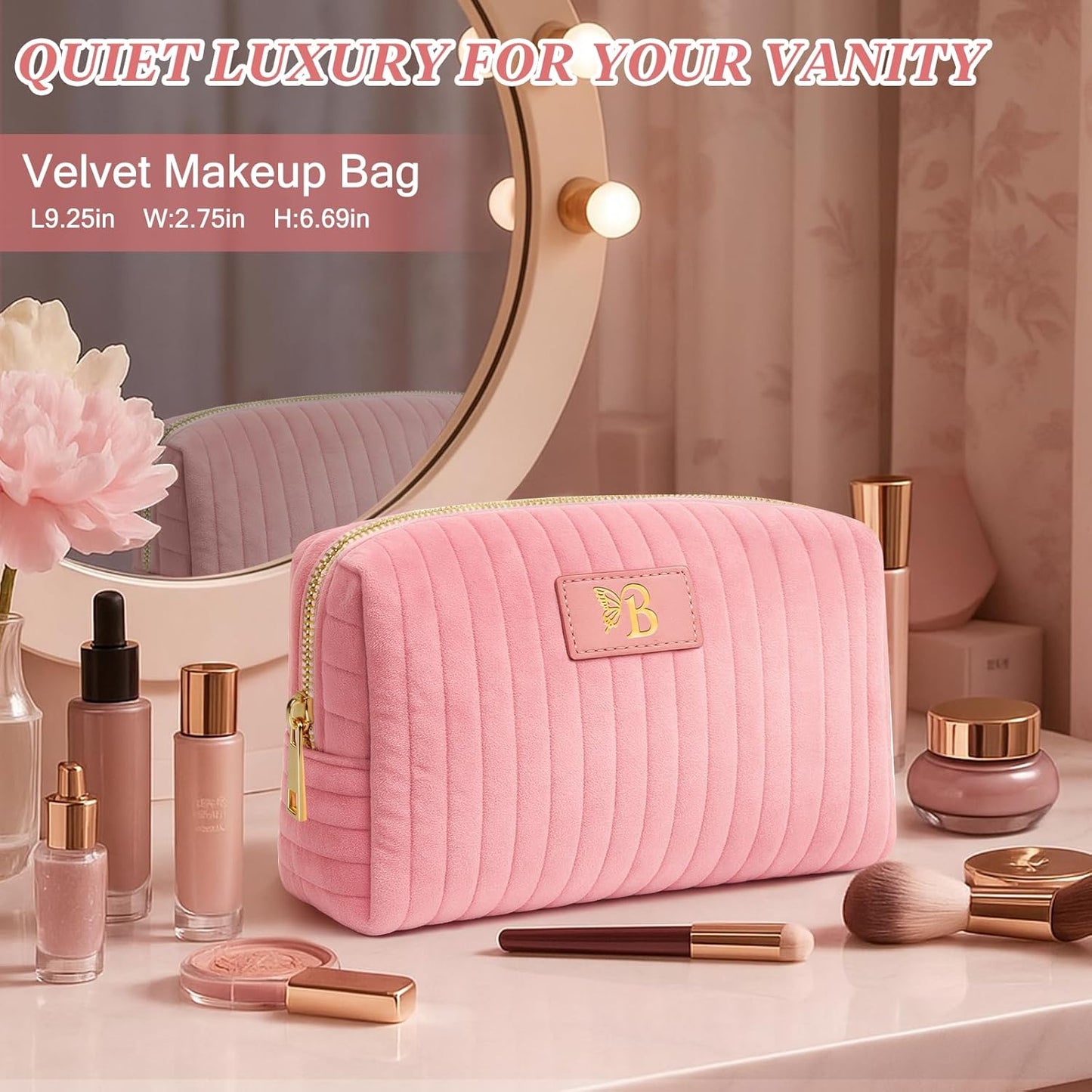 Monogrammed Make Up Bags for Women,Personalized Cosmetic Bags Women,Small Quilted Makeup Pouch,Cute Makeup Bag Travel,Birthday Gifts for Teen Girl (Pink B)