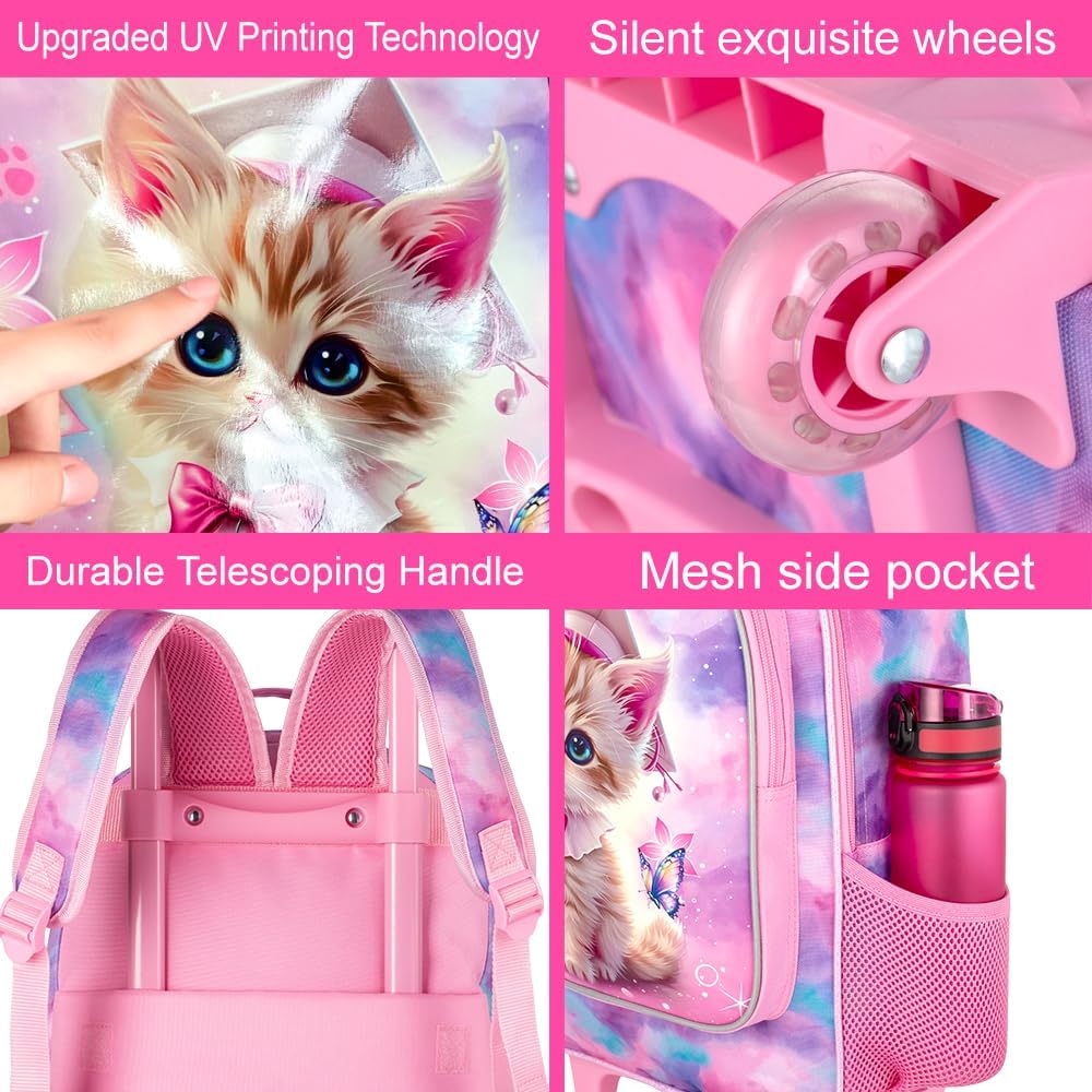 3PCS Rolling Backpack for Girls and Boys, Kids Roller Wheels Bookbag, Wheeled Elementary School Bag with Lunch Bag