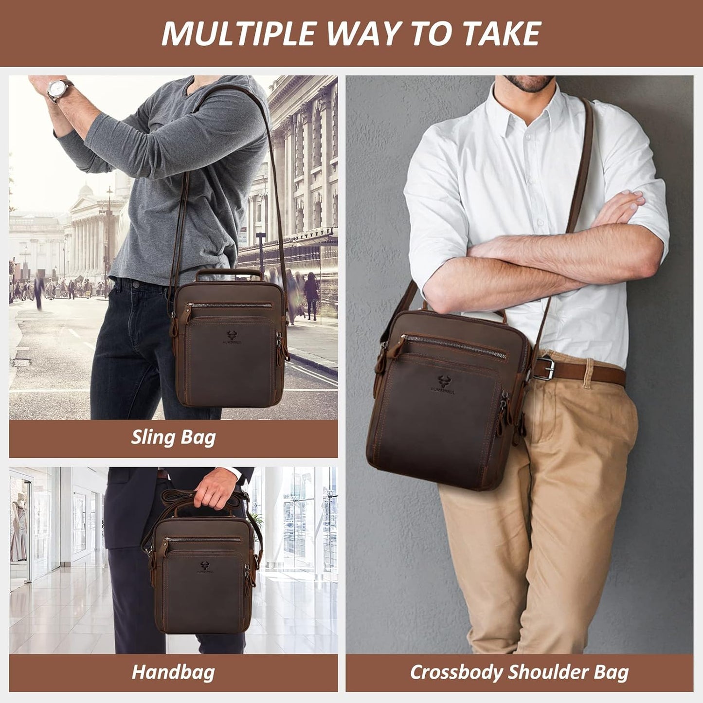 Crossbody Bag Shoulder Bag for Men, Genuine Leather Man Bag Vintage Messenger Bag for Travel Work Business