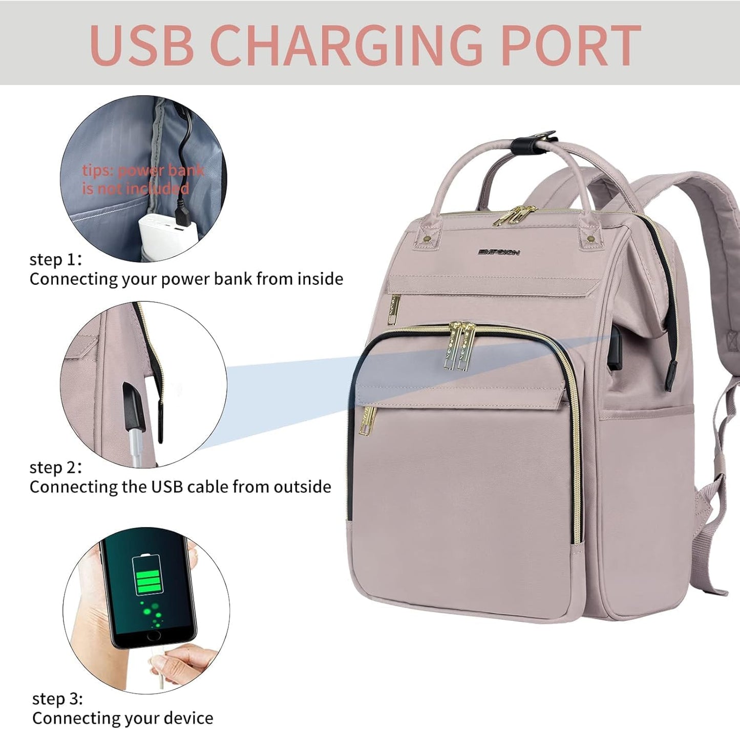 EMPSIGN 15.6 Inch Laptop Backpack for Women, Computer Travel Business Work Bag, Water Repellent College Casual Daypack with USB Port, Dusty Pink
