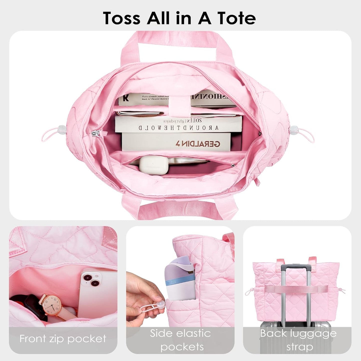 TOPEAST Tote Bag for Women Puffy Tote Travel Bag, Light 15.6" Laptop Work Handbag, Quilted Shoulder Bag Purse for Student Gym