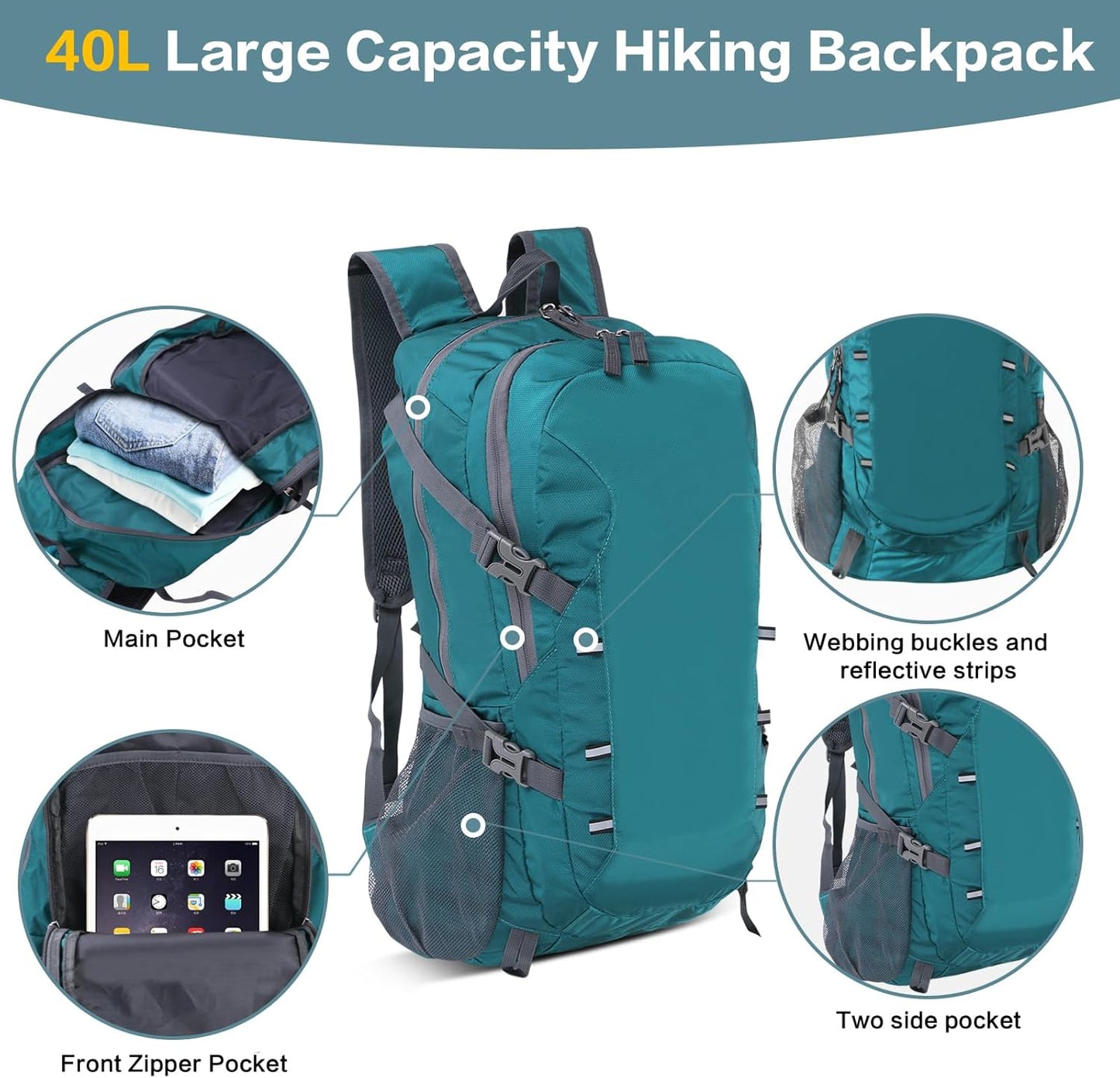 40L Hiking Backpack, Lightweight Foldable Hiking Daypack with Wet Pocket, Waterproof Travel Camping Bag for Men Women
