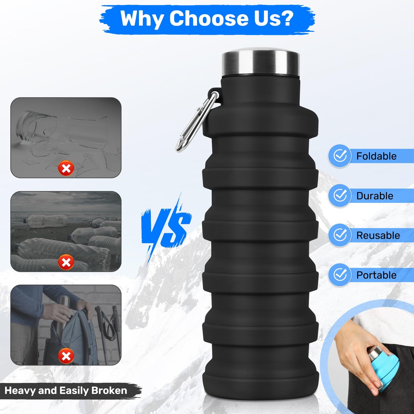 Rotayi Collapsible Water Bottle, 16oz Portable Reusable Silicone Water Bottle with Carabiner for