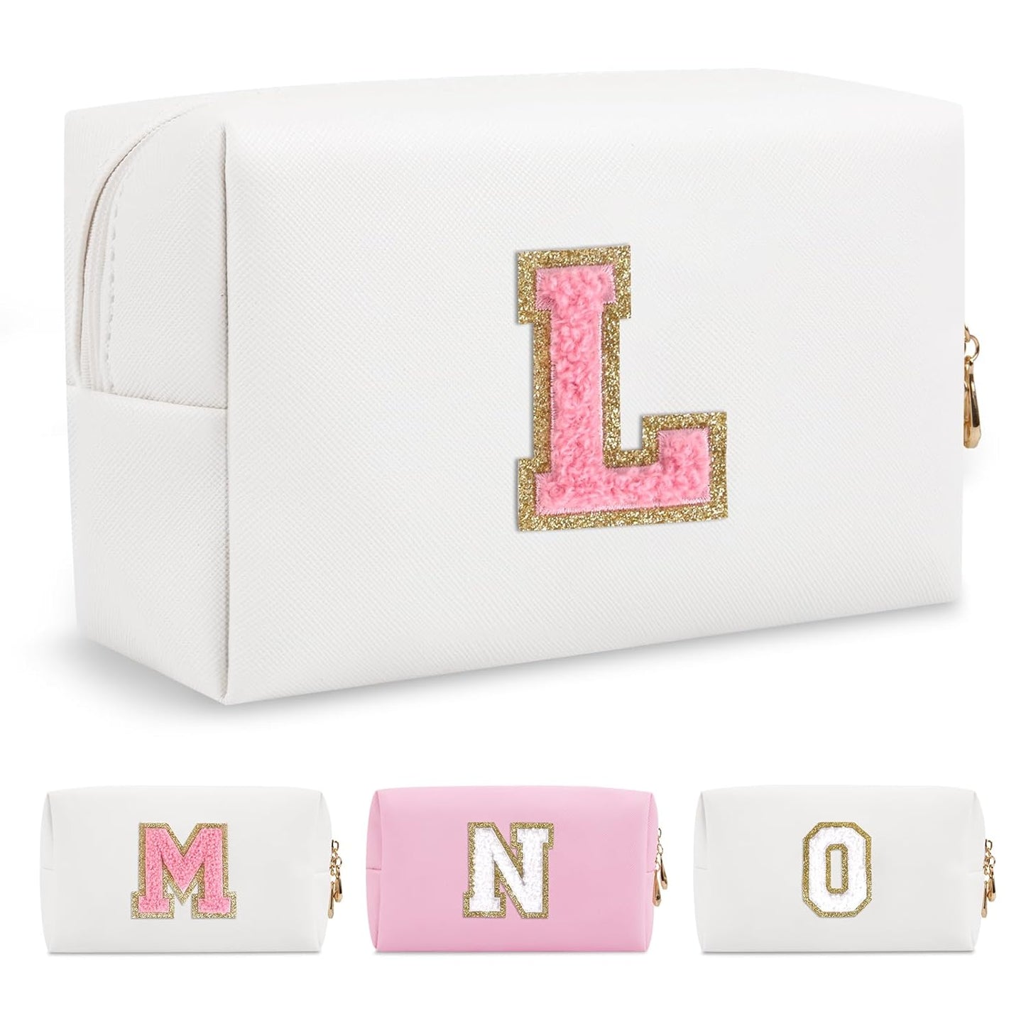 Personalized Makeup Bag Initial A-Z Preppy Patch Bag,Small PU Leather Travel Cosmetic Bag Pouch