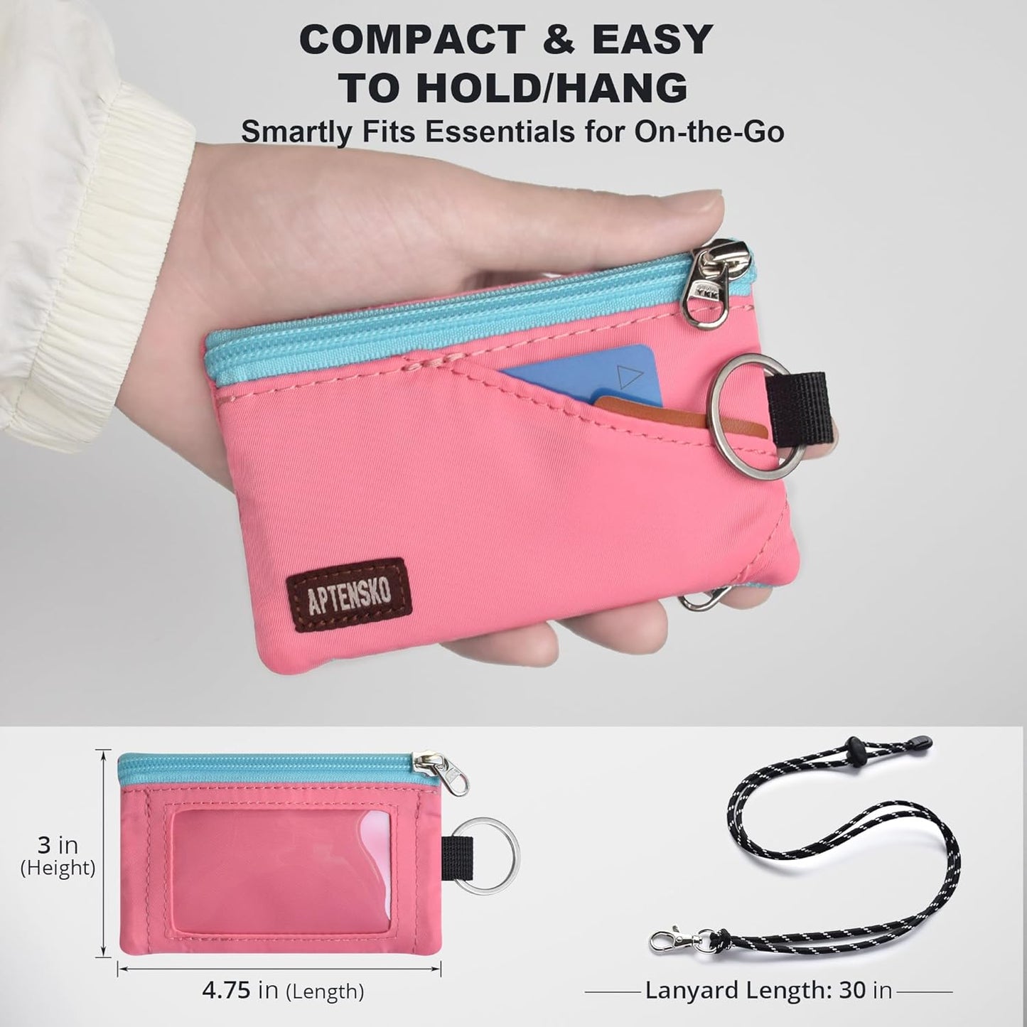 RFID Travel Wallet with Adjustable Lanyard-Zipper Small Wallet with ID Card Holder, Keychain for women&men-Minimalist Slim Waterproof Nylon case for ID, Cash, Key (Pink)