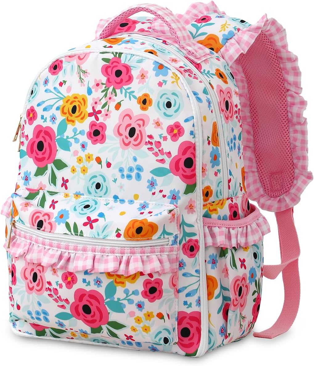DYSHAYEN Kids Backpack for Girls, 15" Ruffled Backpack for School Kindergarten Bookbag 5-8, Fully Opened Compartment (Flower)