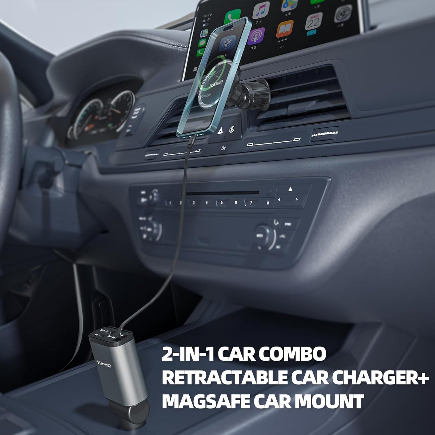 【2-in-1 Car Combo】 Flexino Retractable Car Charger for iPhone 16, 57W Fast Charging Car Charger USB C, Magnetic Phone Holder for MagSafe Car Mount,【360°】 Cell Phone Holder for iPhone 16/15/14/13/12
