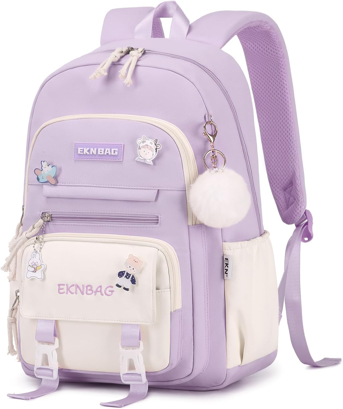 Tanou School Backpacks for Girls, Kawaii Kids School Bag with Pendant, Elementary Primary Middle School Lightweight 20L, Purple