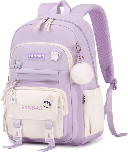 Tanou School Backpacks for Girls, Kawaii Kids School Bag with Pendant, Elementary Primary Middle School Lightweight 20L, Purple