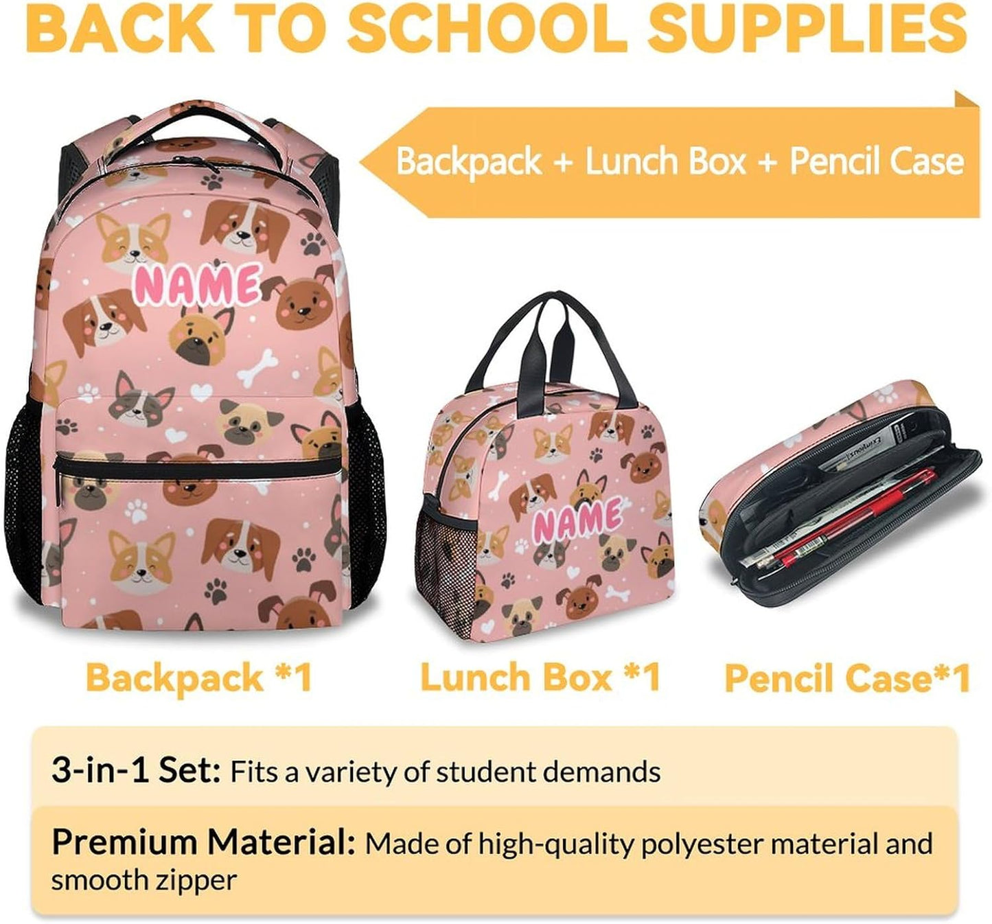 Custom Dog Backpack with Lunch Box, Set of 3 School Backpacks Matching Combo, Cute Pink Bookbag and Pencil Case Bundle
