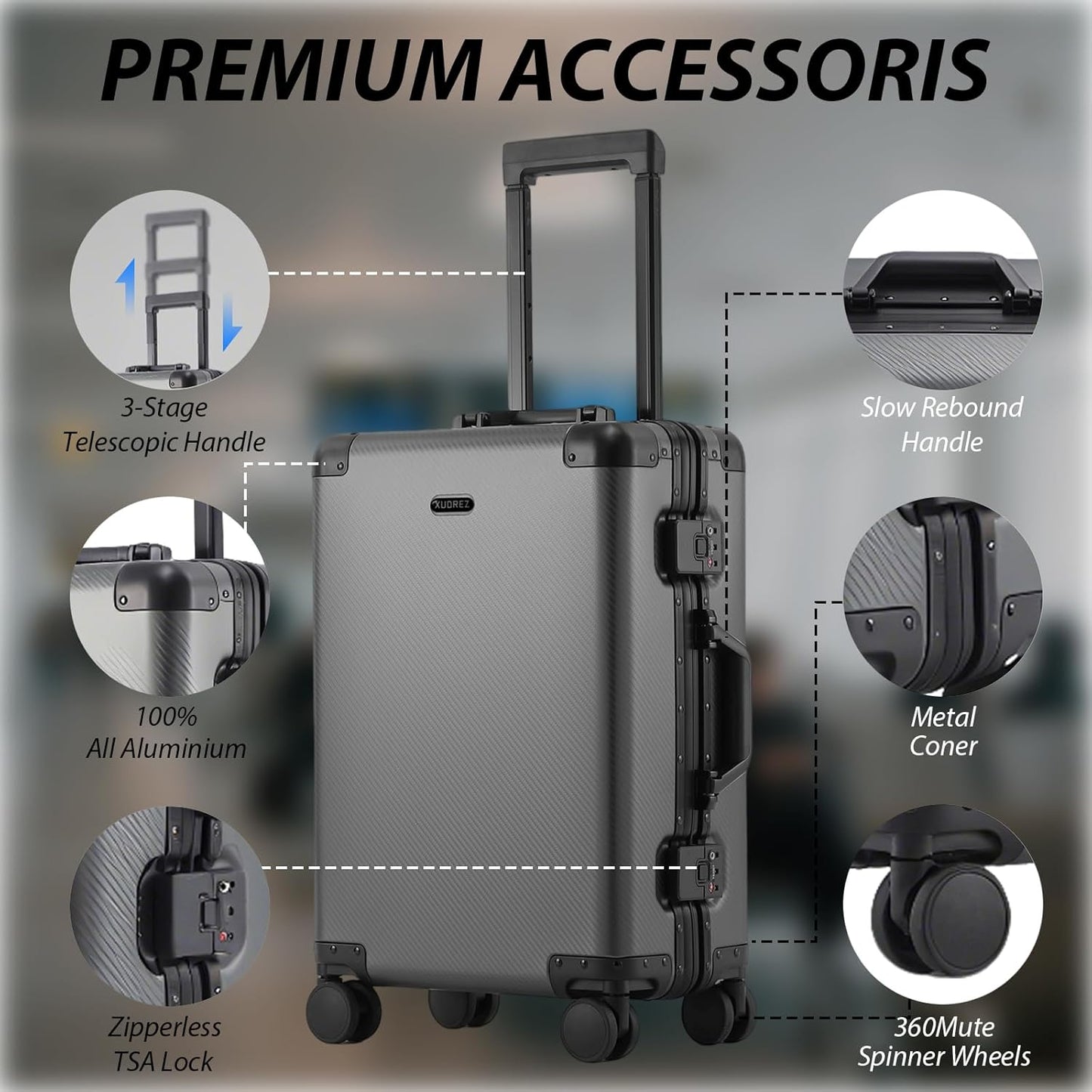 Tmore Aluminum Frame Luggage with No Need to Check in, Hardside Suitcase with Spinner Wheels, Metal Travel Luggage with Double Tsa Locks, 20 Inch, Gray Small