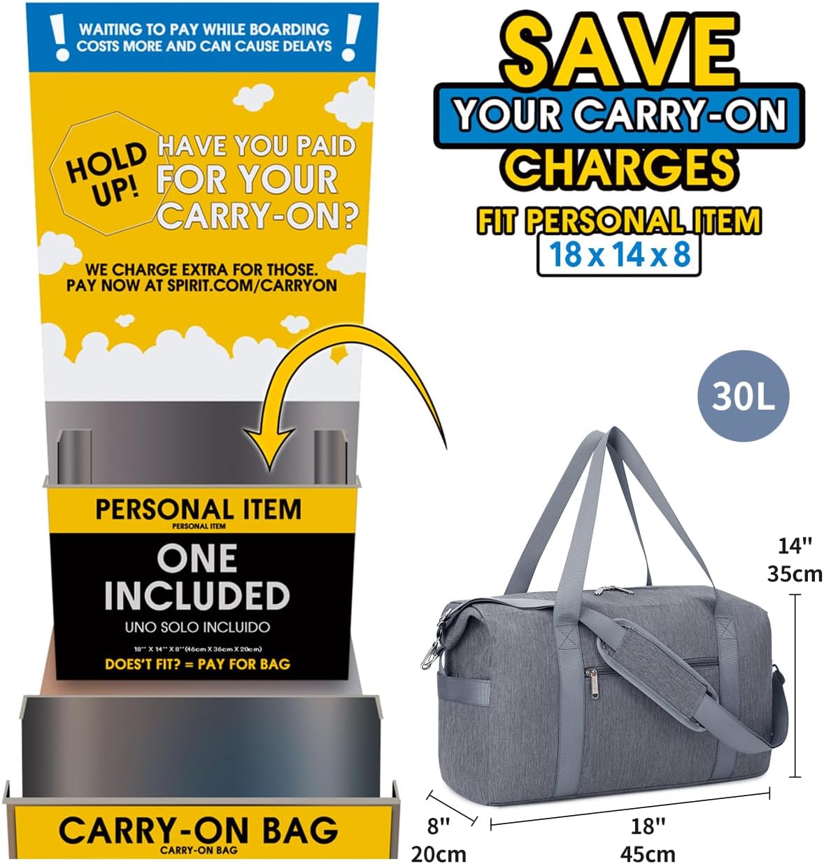 Narwey For Spirit Airlines Personal Item Bag 18x14x8 Travel Duffel Bag Carry on Bag Underseat for Airplane with Wet Pocket Small Gym Bag Weekender Overnight for Women and Men (Grey)