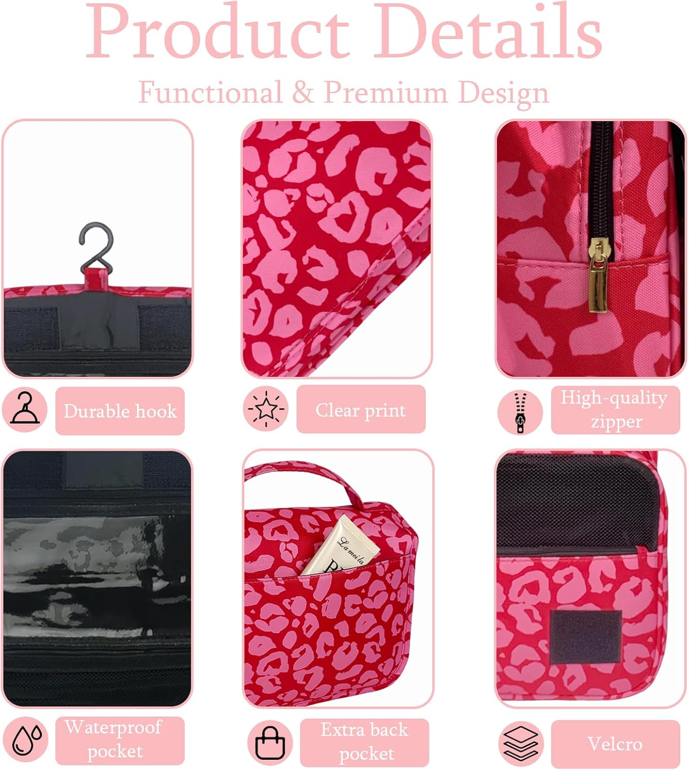 Crazy Bison Hanging Travel Toiletry Bag Kit Makeup Bag Cosmetics Organizer for Men Women (Hot Pink Leopard)