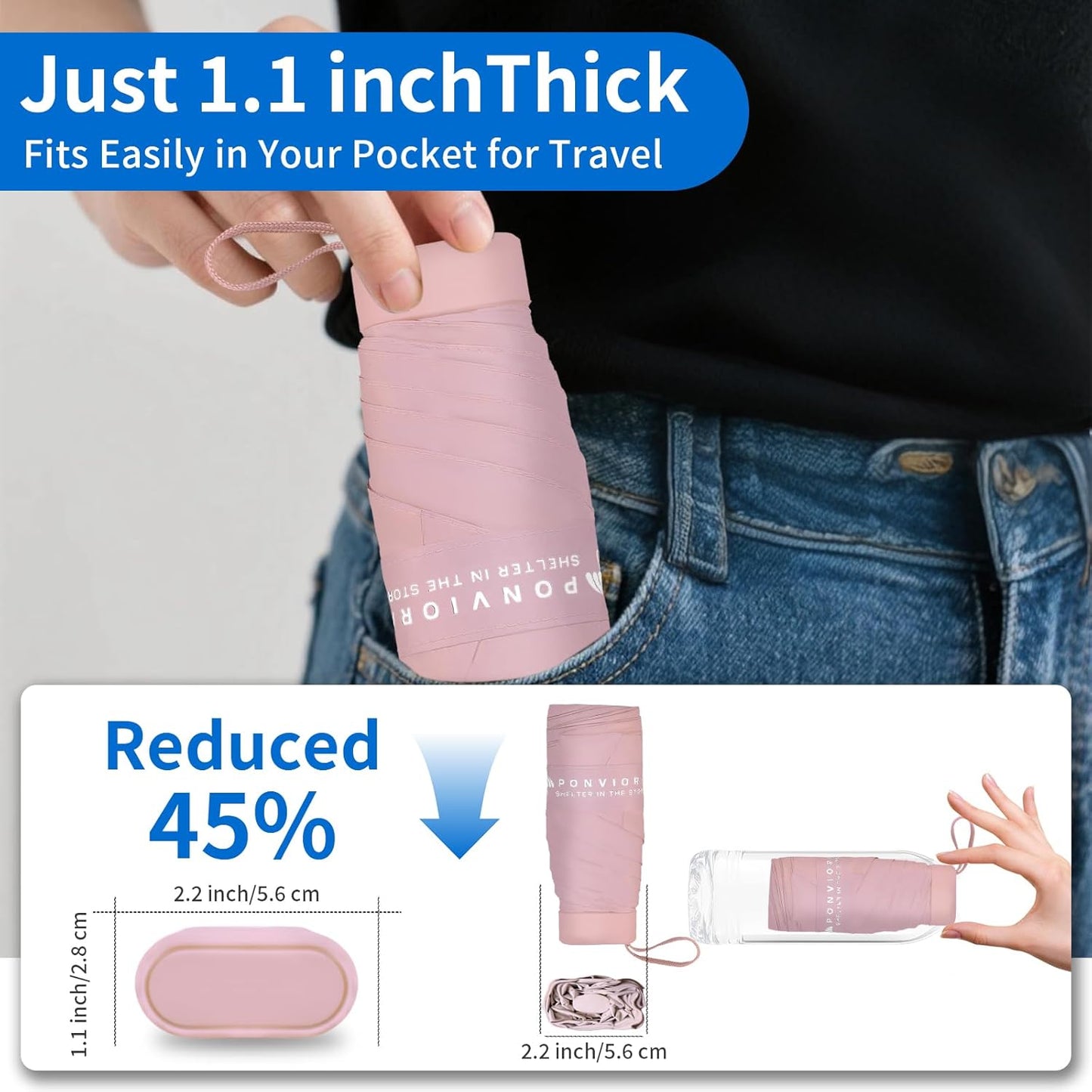 Compact Mini Windproof Travel Umbrella-UPF 50+ Sun & Rain Protection, Small Folding Design Fits in Pocket or Purse, Lightweight Portable with Case for Women, Men & Kids