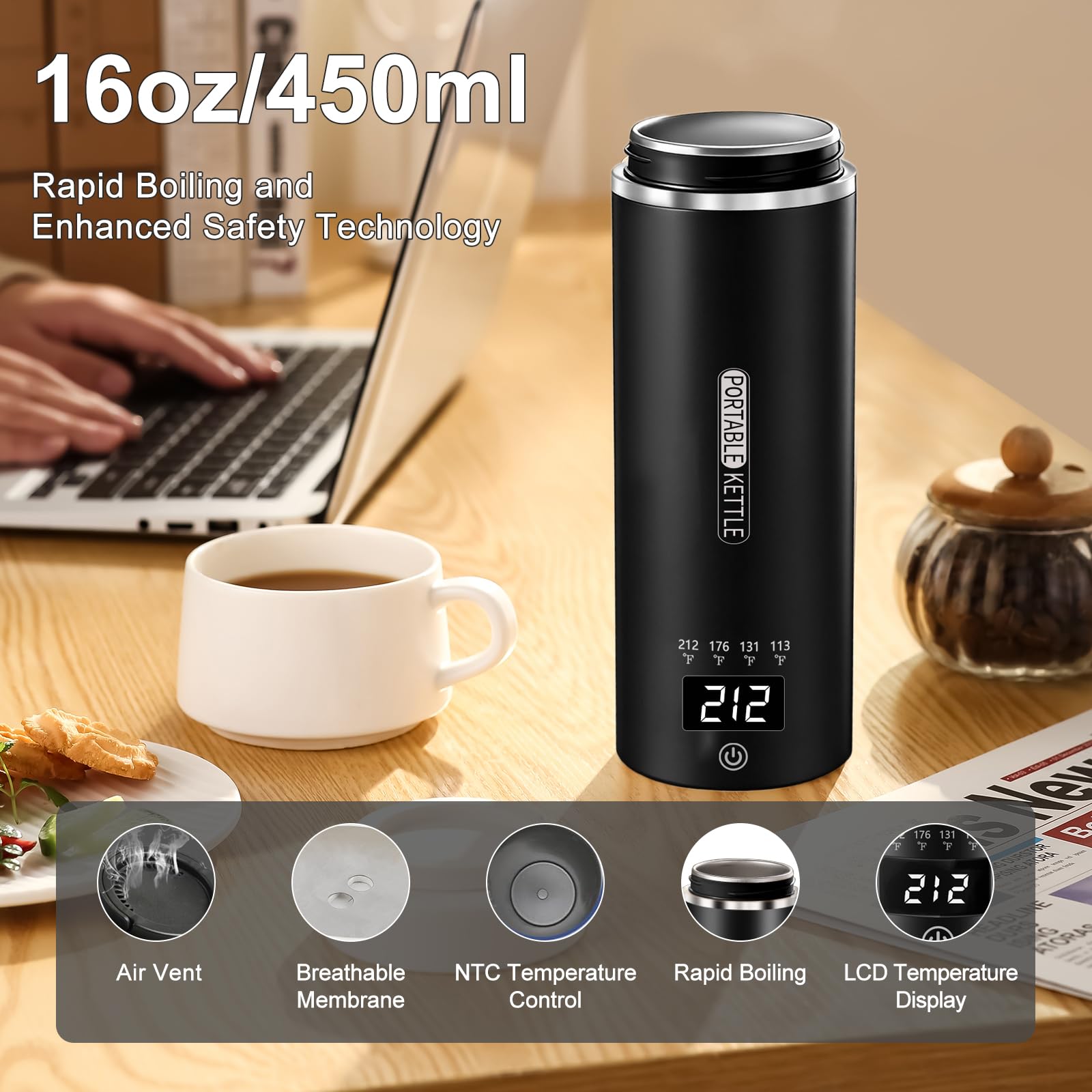 Travel Kettle, Portable Electric Kettle for 4 Temperature Controls, Black