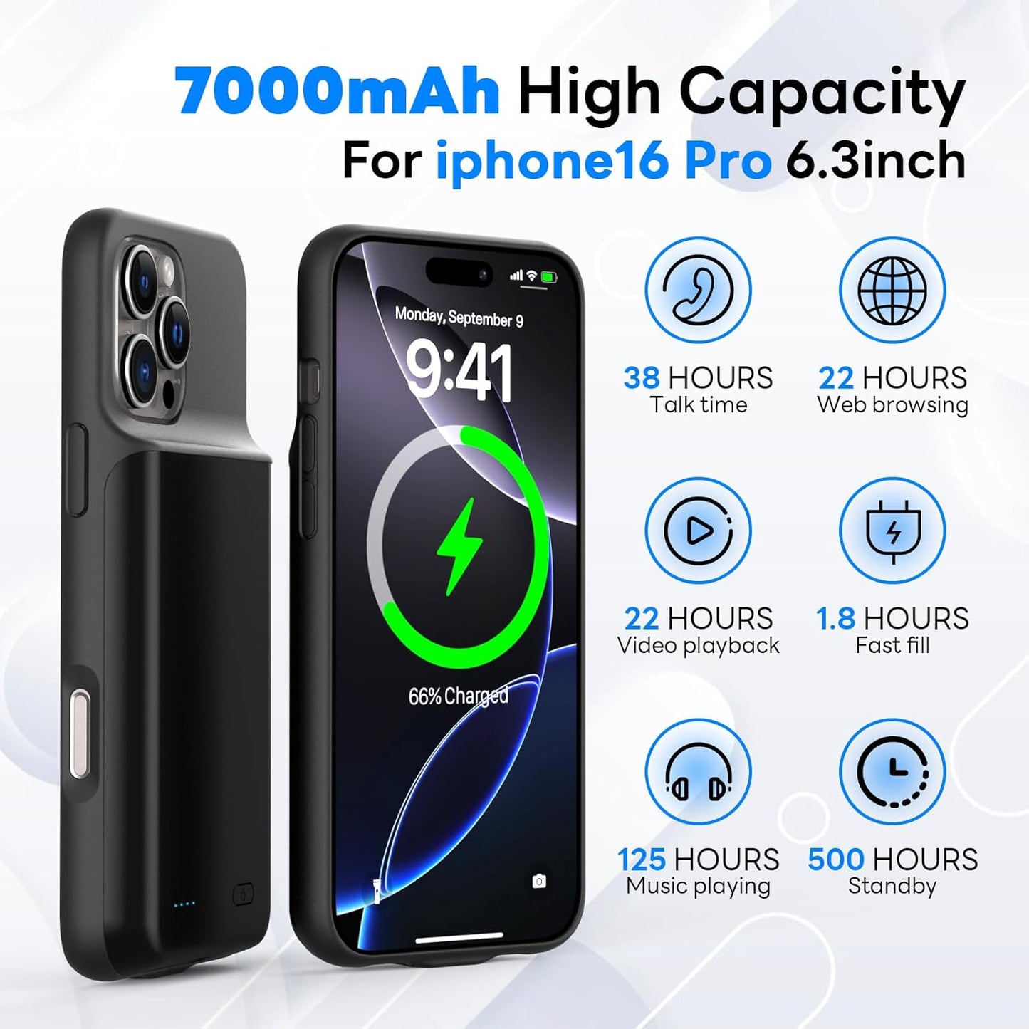 Battery Case for iPhone 16 Pro (6.3 inch),Charging Case Charger Ultra-Slim 7000mAh Rechargeable Portable Extended Charger Case Cover w/Tempered-Glass Protector - Black