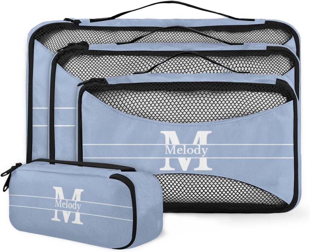 Custom Name Compression Packing Cubes Luggage Organizer Bags for Travel, Double Zipper Packing Cubes for Suitcases, Dark Sky Blue with Initial Letter