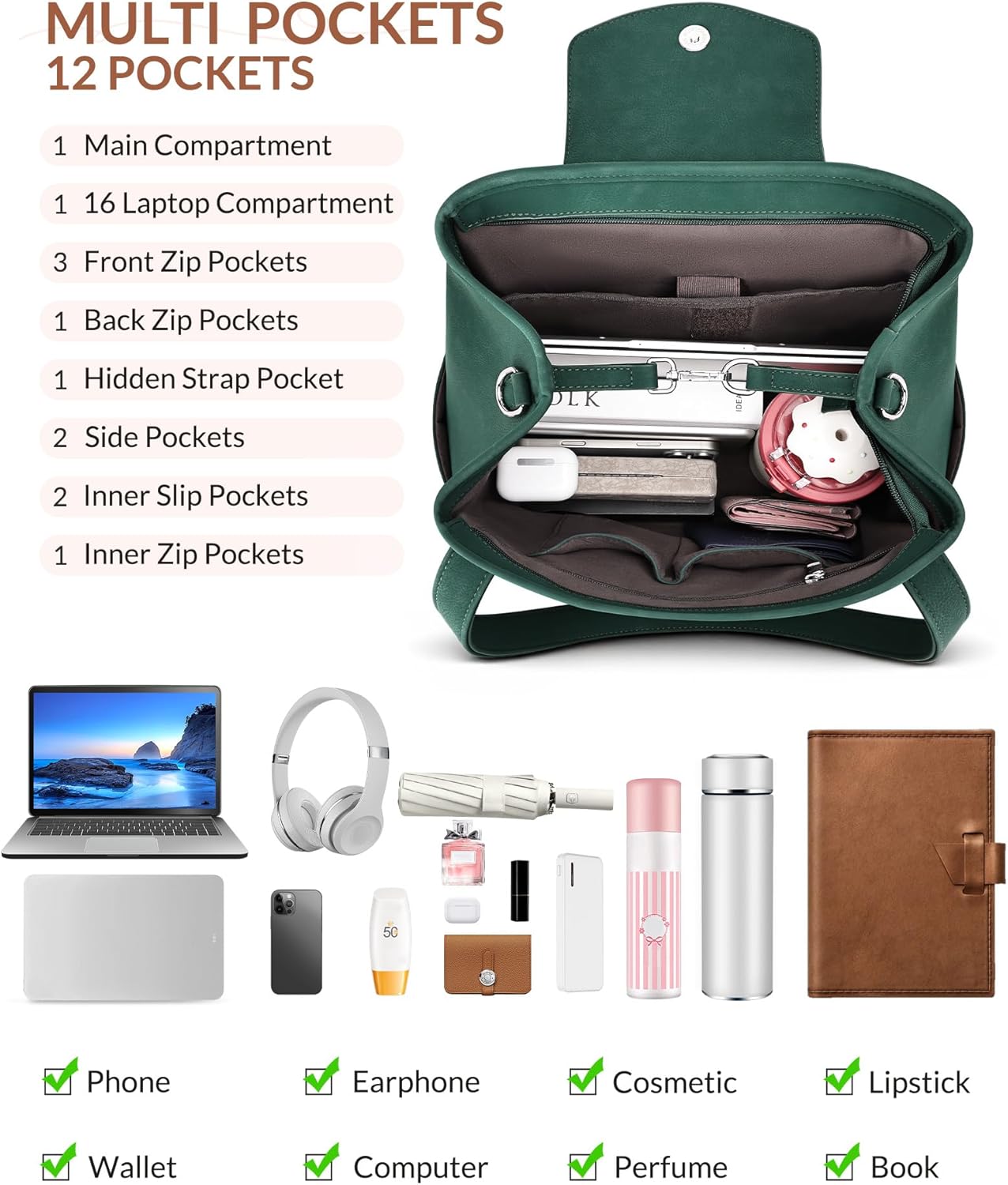 Laptop Bag for Women Designer Leather Laptop Backpack Purse, 16 inch Computer Tote Bags for Work Travel with Satchel Purse Green