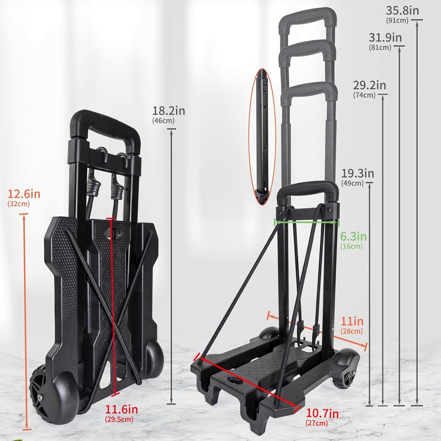 Portable Folding Luggage Cart for Travel and Office Use - Heavy Duty Hand Truck for Backpacks, Moving, and Shopping with 2 Elastic Straps
