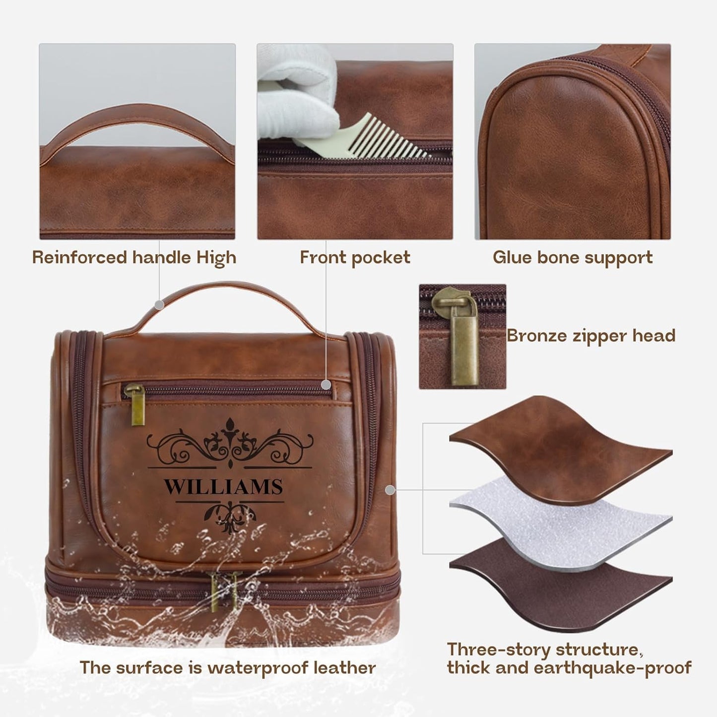 BLEGGEIT Personalized Hanging Toiletry Bag for Men, Large Capacity PU Leather Vintage Color Travel Dopp Kit, Gifts for Dad Husband Boyfriend Groomsmen, UV Printing Custom Name, Birthday Xmas Gifts