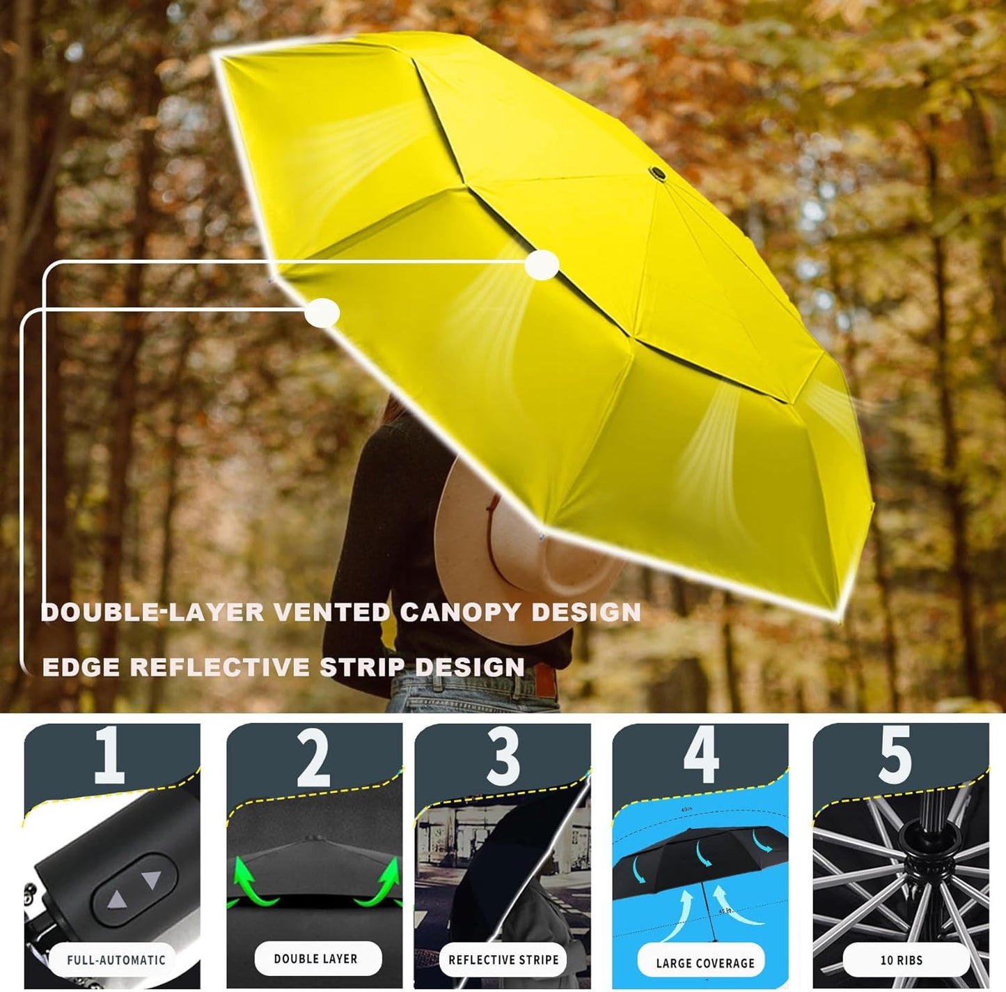 MRTLLOA 42/49 Inch Compact Windproof Travel Umbrella for Rain, Lightweight, Portable, Automatic, Strong, Waterproof Folding Umbrellas for Women, Men and Teenagers