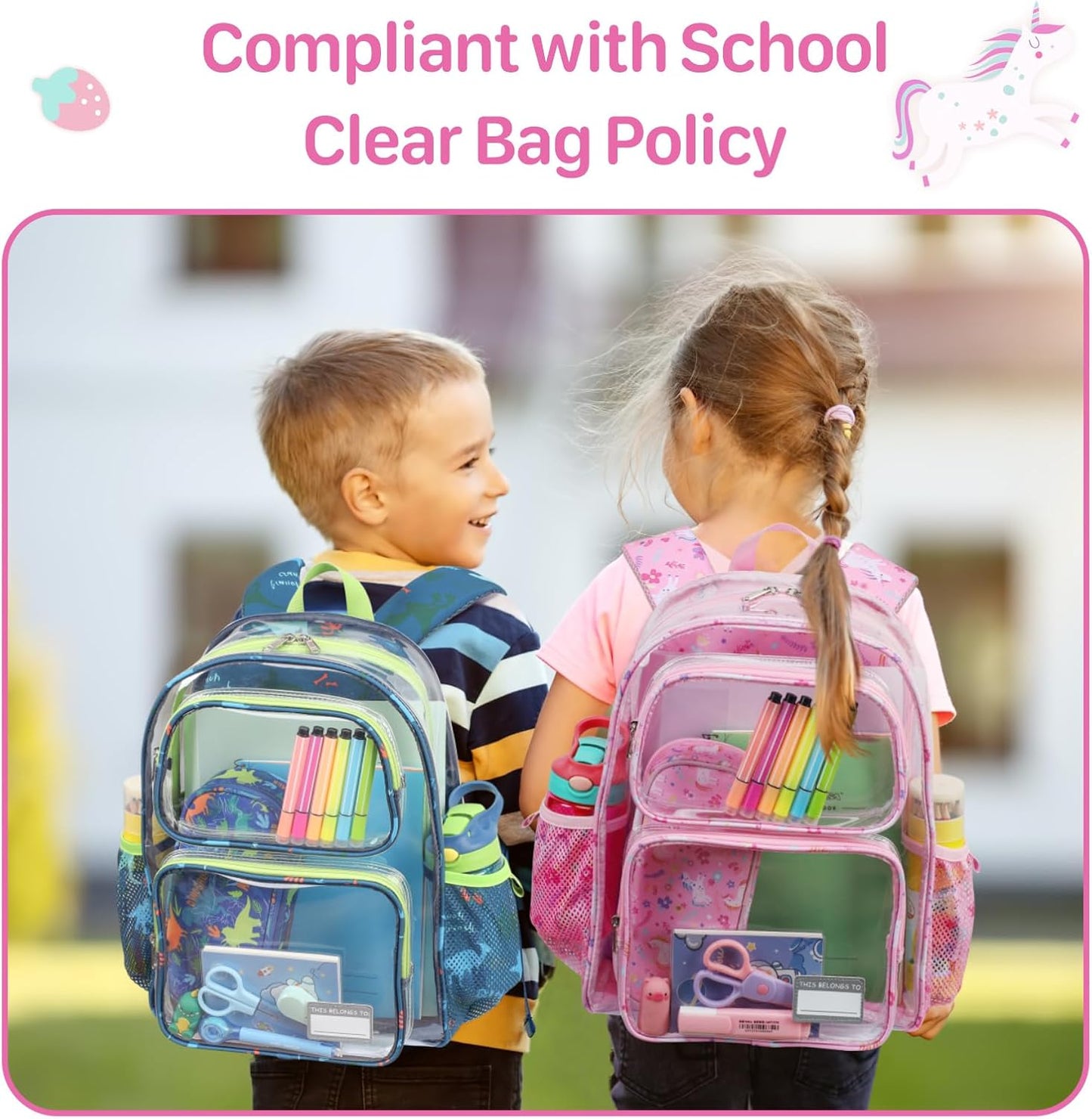 Bagseri Clear Backpack for Kids - 15 Inch Clear Bookbag for Girls Aged 3 to 8 Heavy Duty Transparent Backpack for School, Safe Reflective Strip, Cute Fabric Back Panel, Pink Unicorn