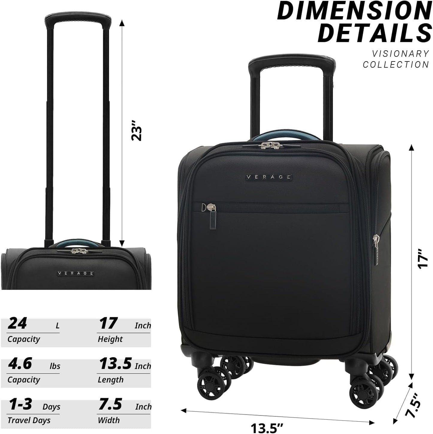 Verage 14-Inch Underseat Carry On Luggage with Spinner Wheels & USB Charging Port, Wheeled Suitcase for Airlines, Lightweight Overnight Bag for Men and Women (14-Inch Compact Underseat Pro)