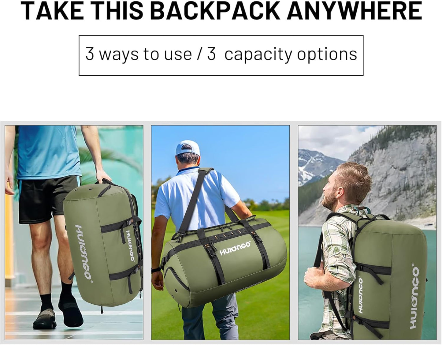 40L/60L/90L Large Waterproof Duffle Bag Backpack for Men, Mens Duffel Backpack Bags for Traveling, Heavy Duty (Green, 90l)