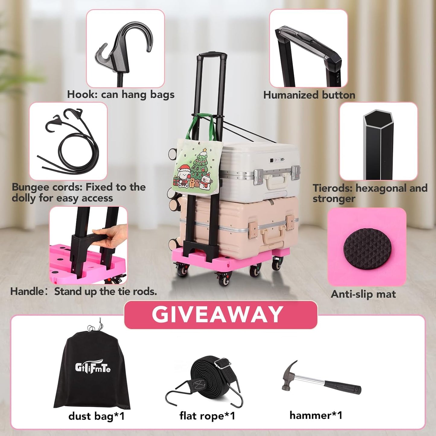 Folding Hand Truck Lightweight Hand Truck Dolly Foldable,Luggage cart with 6 Rotate Wheels, Utility Cart with Adjustable Handle,Collapsible Dolly for Moving-Pink