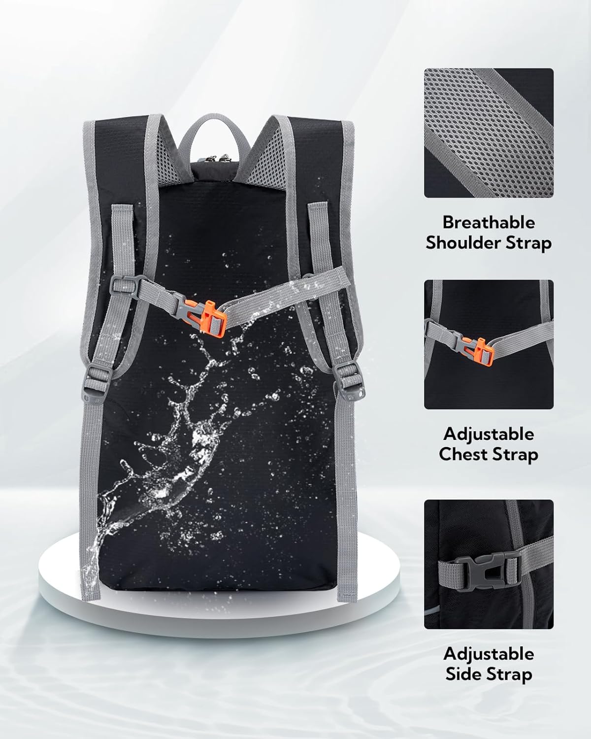 WATERFLY Hiking Packable Daypack Backpack: 25L Ultra Lightweight Day Pack for Woman Man - Small Compact Folding Back Pack for Outdoor Sport Cycling Camping Travel Trip - Black
