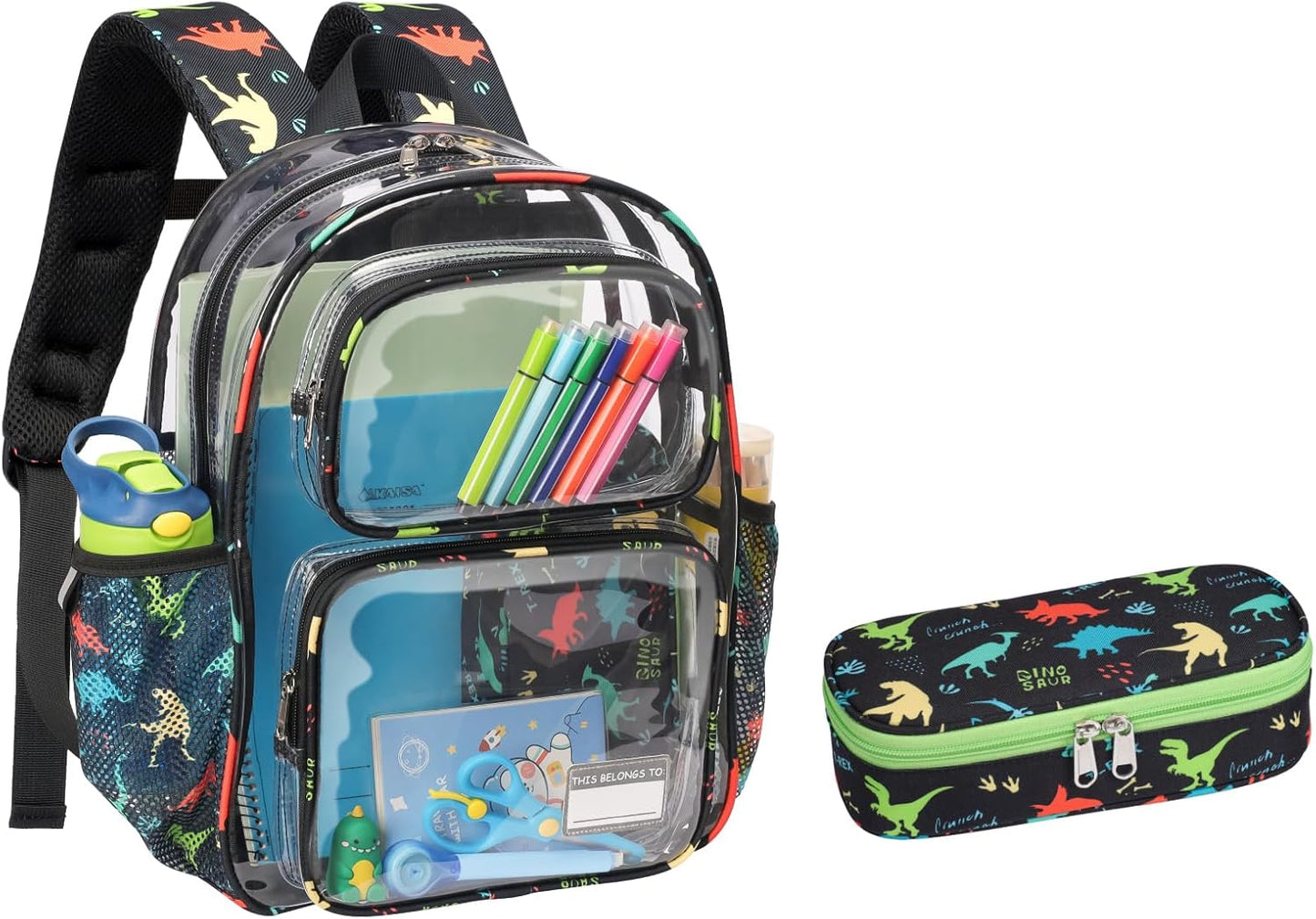 Bagseri 2pcs Clear Backpack for Boys - 15 Inch Backpack and Pencil Case Set, Heavy Duty Transparent Bookbag for School, See Through Bag for Kids Aged 3 to 8, Black Dinosaur