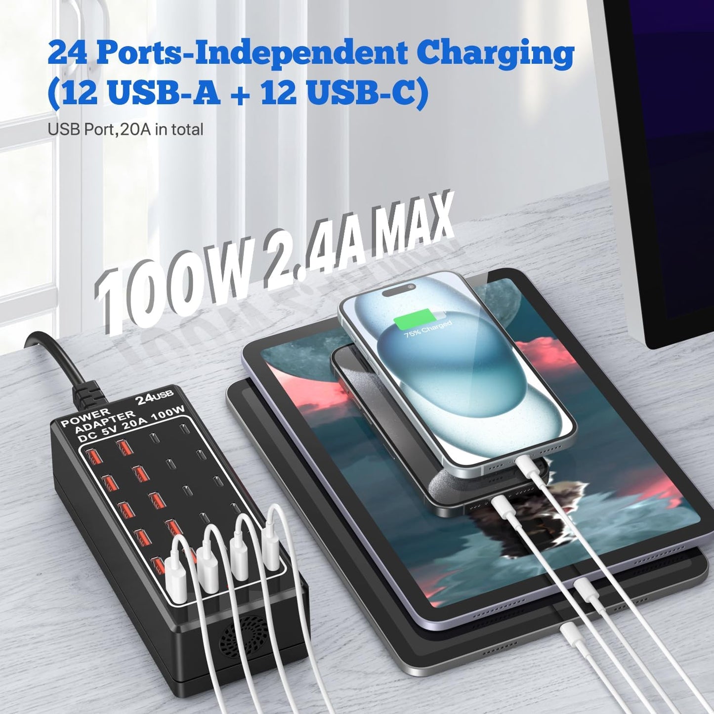 USB Charger Station, C Charging Block, 100W (20A) 24 Port Multiple USBCharger Desktop Wall Charger Hub 12 USB A 12 USB C Compatible for Apple iPhone, iPad, Samsung Galaxy, Laptop, Pixel, Phones