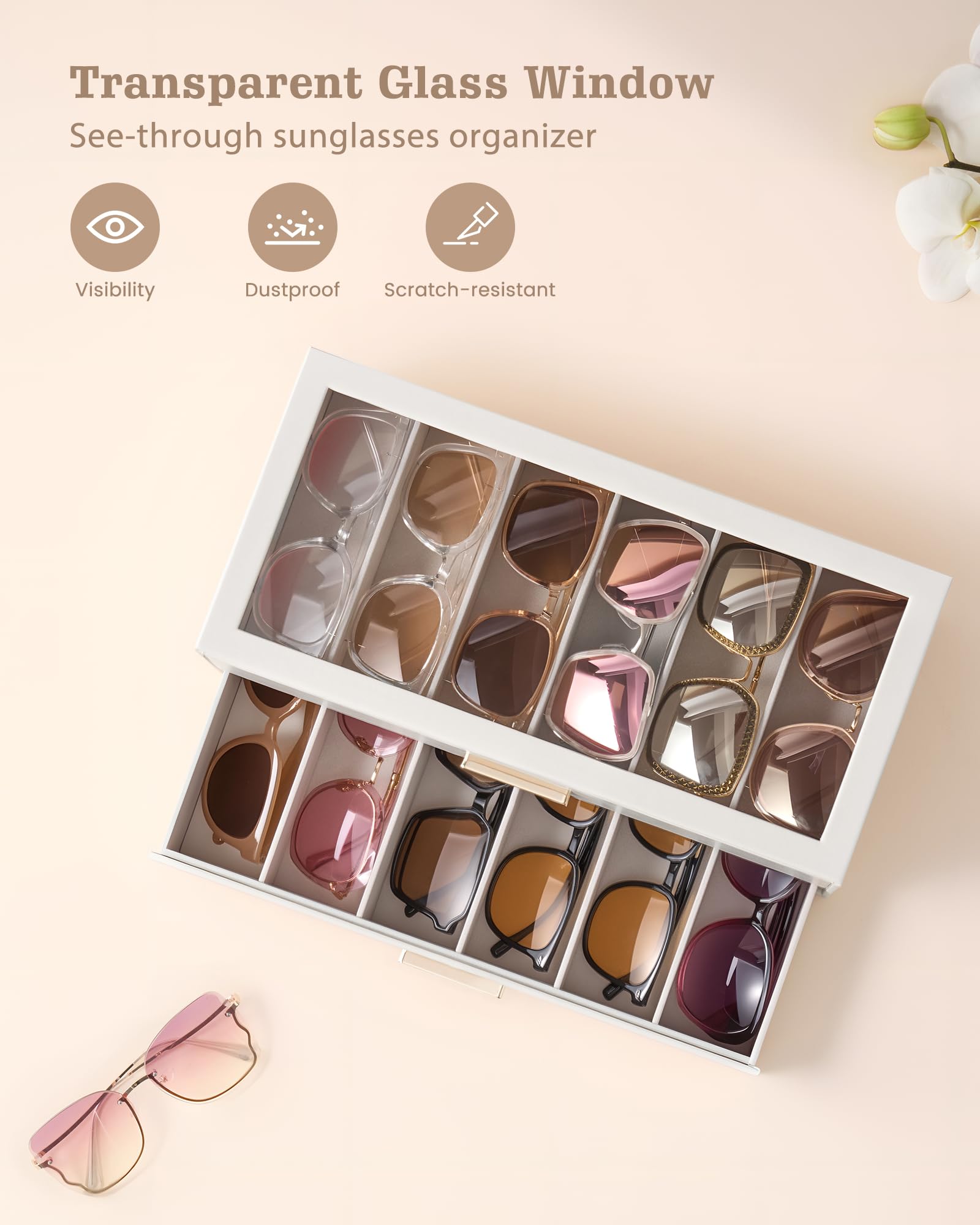 Lolalet 12 Slots 2-Layer Sunglasses Organizer for Women -Beige