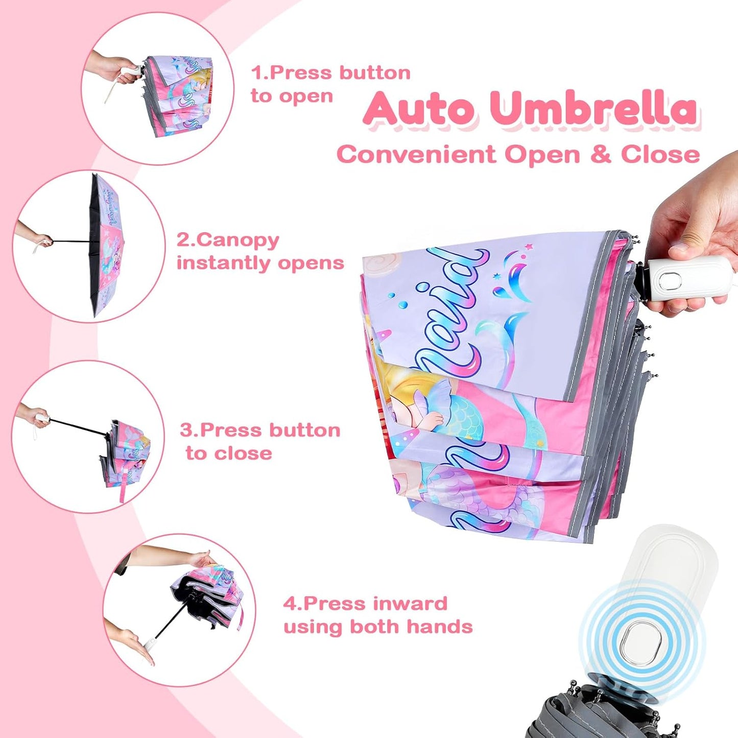Autoamtic Kids Umbrella UV Resistant, Folding Compact Umbrella 360° Reflective Strip for Travel Outdoor, Lightweight Cute Kids Parasol Anti-rebound Safe for Toddler