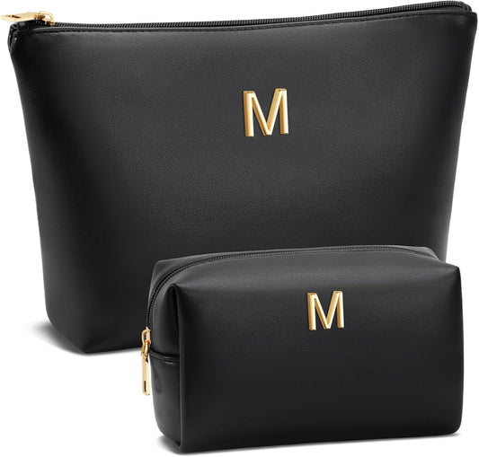Women Gifts | Initial Makeup Bag Set for Girl Personalized Gifts for Bridesmaid Friend Graduation Teachers PU Leather Cosmetic Travel Toiletry Bag(Black,M)